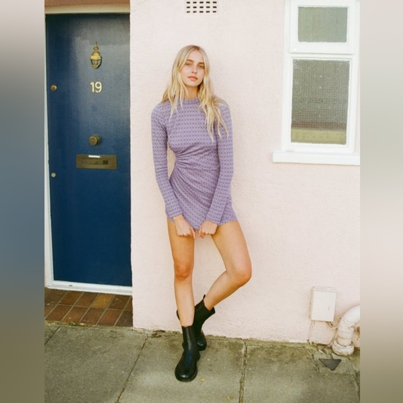 🌞ZARA Jaquard Long Sleeve Cut-out Open Back Mini Dress Purple Retro Geometric - Picture 5 of 14